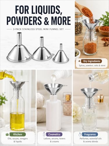 3-Pack Stainless Steel Mini Kitchen Funnel Set, Durable Metal Filling Funnel for Transferring Liquids, Dry Ingredients, Cosmetic Lotions, Liquids, Fragrances, Powders -High Temperature Resistant