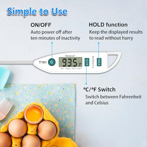 BOMATA Waterproof IPX7 Thermometer for Water, Liquid, Candle and Cooking. Instant Read Food Thermometer with Long Probe for Cooking, Meat, BBQ! T101 White - color: White