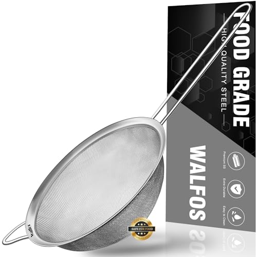Walfos 6.3 Inch Fine Mesh Strainer, Premium Stainless Steel Sieve and Sifter with Handle, Kitchen Metal Strainers for Rice, Quinoa, Fruits, Noodles, Flour - size: 6.3"