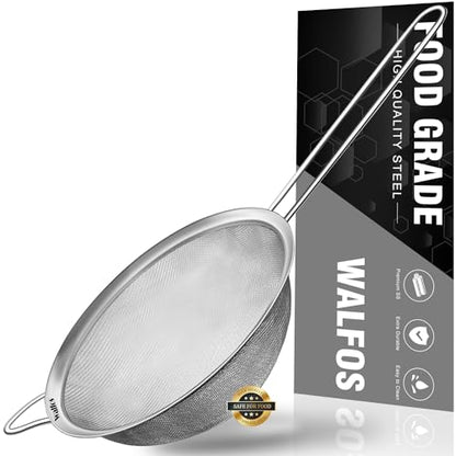 Walfos 6.95 Inch Fine Mesh Strainers, Premium Stainless Steel Colanders and Sifters, with Reinforced Frame and Sturdy Handle, Perfect for Sift, Strain, Drain and Rinse Vegetables, Pastas and Tea - style: 6.95" Medium Strainer