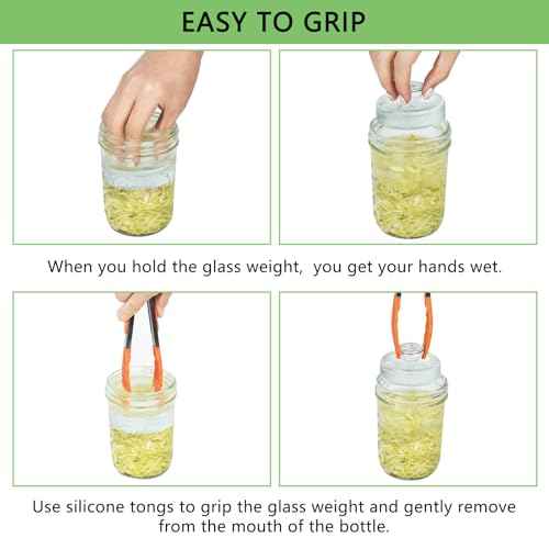 Artcome 10-Pack Glass Fermentation Weights with Easy Grip Handle and Unique Texture Design for Large Wide Mouth Mason Jars - Pickle Pebbles with Glass Weights Organizer - Space Saving Compact Design - size: glass weights 10pc + holder 1pc + tongs x 1pc