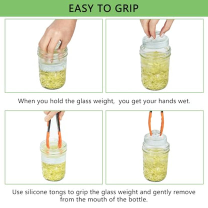 Artcome 5-Pack Glass Fermentation Weights with Easy Grip Handle and Unique Texture Design for Large Wide Mouth Mason Jars - Pickle Pebbles with Glass Weights Organizer - Space Saving Compact Design - size: glass weights 5pc + holder 1pc + tongs x 1pc