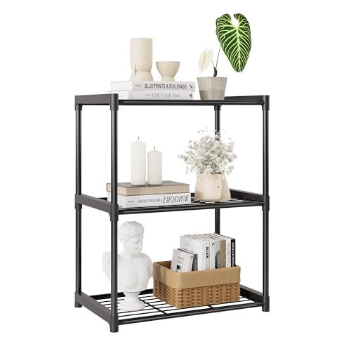 3-Tier Storage Shelves with Plastic Connectors – Metal Shelf Organizer for Pantry, Closet & Bathroom, Space-Saving Sturdy Shelving Unit Rack, Black, 17.3" x 12.8" x 28.9" - size: 17.3" x 12.8" x 28.9"(3T)