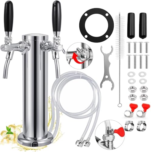 New Adjustable Dual Tap Kegerator Tower Beer Tap Tower with 1/4" Barb, 3" Draft Beer Dispenser Keg Tower, 304 Stainless Steel Core Self-Closing Beer Faucet with Pre-Assembled Kegerator Parts Kits - color: 2 tap (Adjustable)