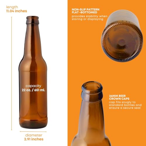FastRack Amber Beer Bottles 22oz (Pack of 12) | Longneck Glass Beer Bottles with Pry-off Crown Finish for Home Brewing Mead, Cider & Kombucha | Durable Brewing Bottle & Bottling Kit