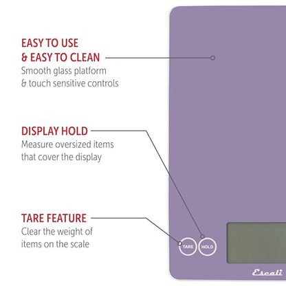 Escali Arti Glass Food Scale Digital Countertop Kitchen, Baking and Cooking Scale with Large Display, 15-Pound Capacity, 9" x 6.5" x .75", Classic Violet - color: Violet