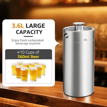 128oz Mini Keg Growler, Stainless Steel Mini Beer Keg, Silver Carbonated Beer Growler Mini Kegerator with Seal Knob Cover & Beer Hose, Portable Beer Keg Growler for Home Brewing