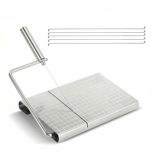 Versatile Stainless Steel Cheese Slicer with 6 Replacement Wires & Cutting Board Metal Cheese Cutter for Block Cheese Slices (Silver)