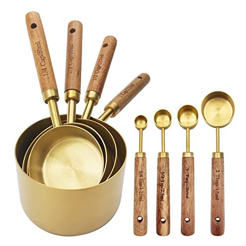 Gold Measuring Cups and Spoons Set with Fragrant Wood Handle, Measuring Cups, Metal Measuring Spoons and Measuring Cup Set for Cooking & Baking, Set of 8 pcs - color: Gold/Wooden Handle