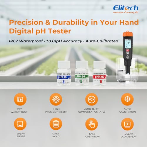 Elitech PHM-230 Professional pH Pen Meter – Digital Tester for pH & Temperature in Hydroponics, Growing Solutions, Drinking Water with ATC & Full Calibration Kit (0.00–14.00) for Plant Health