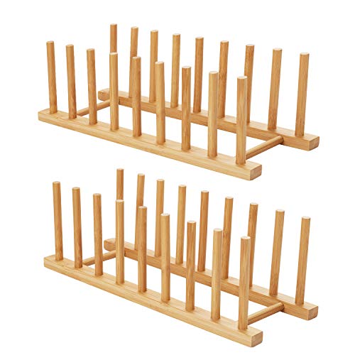 HBlife 2pcs Bamboo Dish Plate Bowl Cup Book Pot Lid Cutting Board Drying Rack Stand Drainer Storage Holder Organizer Kitchen Cabinet（Keep Dry） - color: Bamboo 8 Slots 2pcs