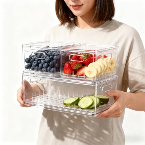 2 Pack Fruit Storage Containers for Fridge with Lid & Drain Basket | 3-in-1 Wash-Drain-Store – BPA-free clear containers keep berries/strawberries fresh, ready-to-eat in fridge.
