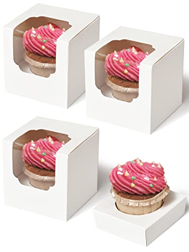 Happyhiram Cupcake Boxes 50 Pcs White Individual Cupcake Box, Single Container Cardboard Holders with Insert and Window for Muffins Cocoa Bombs Packaging Togo Boxes for Birthdays Showers Party Favors - color: Pure White, size: 50-Count