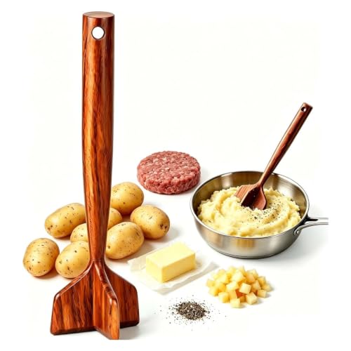 Teak Wooden Meat Masher Chopper, Wood Meat Chopper and Hamburger Smasher Tool, Chicken Shredder Tool, 10.5 Inch Heat-Resistant Non-Scratch Wooden Meat Masher (1Pc)