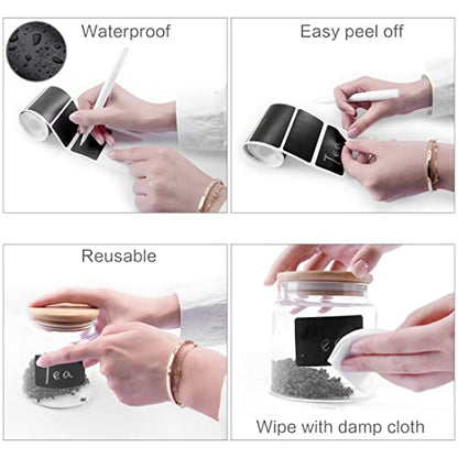 MUWOOB Chalkboard Labels, 120 Pcs Black Reusable Waterproof Labels Stickers with 2 White Chalk Markers, Kitchen Pantry Sticker Labels for Containers, Mason Jars, Condiments, Food Storage (Strange) - style: Irregular