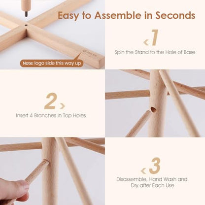 iSiLER Natural Beech Wood Pasta Drying Rack with 8 Branches, Easy to Transfer for Drying Pasta and Spaghetti, Special Suspension Design for Storage | Solid Food-Safe Beech Wood Construction, Quick Assembly & Foldable Space-Saving Design, Easy to Wipe Clea