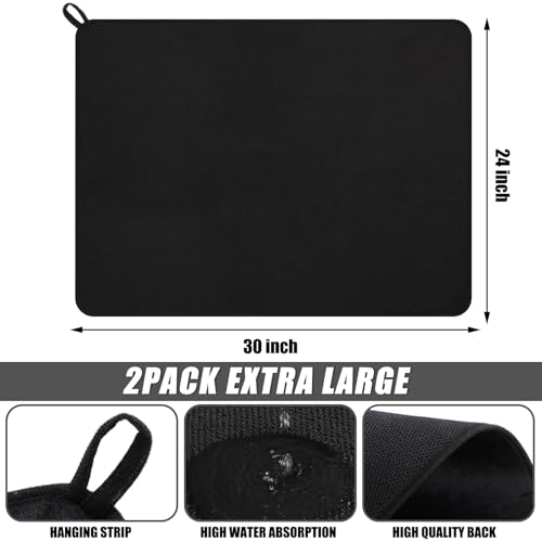 Hushee 2 Pack Extra Large Dish Drying Mat Microfiber Absorbent Dish Drying Pad Large Size Dishes Drainer Mats for Countertop, Sink, Refrigerator or Dryer (30 x 24 Inch,Black)