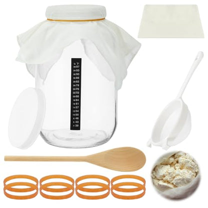 Honeydak 8 Pcs Complete Kefir Starter Kit Kombucha Fermenter Kit Gallon 128oz Mason Jar Wide Mouth with Plastic Storage Lid Nylon Mesh Strainer Cotton Cloth Cover and Wood Spoon - color: as shown in the picture, size: 128 oz