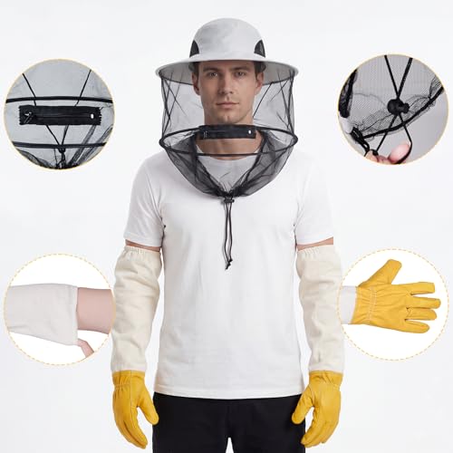 Sucrain Beekeeping Gloves Hats Set Thick Leather Bee Gloves with Ventilated Sleeves & Bee Keeper Fencing Veil Mosquito Hats Bee Outfit for Backyard and Beekeeping