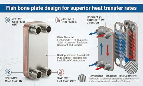 20 Plate Brazed Heat Exchanger – 3/4" MPT – 316L Stainless Steel Water to Water Heat Exchanger for Radiant Floor Heating, Outdoor Wood Furnaces, Wort Chilling, Oil Cooling - size: 3"x8"-20 plates