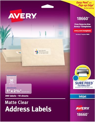AVERY Clear Address Labels 1 x 2-5/8 inch | Matte Finish | Sure Feed Technology | For Inkjet Printers | 300 Labels, Pack of 5 - size: One Size (Pack of 5)