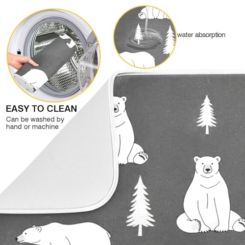 Polar Bears Trees Black Dish Drying Mat for Kitchen Counter Super Absorbent Draining Mat with Non-slip Backed Coffee Mat for Dish Bottles Cups Bowl Draining Racks Countertops Sinks