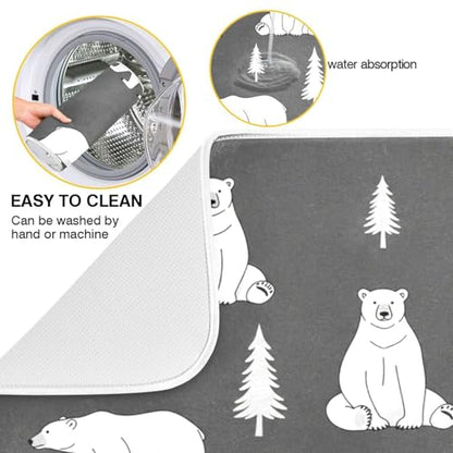 Polar Bears Trees Black Dish Drying Mat for Kitchen Counter Super Absorbent Draining Mat with Non-slip Backed Coffee Mat for Dish Bottles Cups Bowl Draining Racks Countertops Sinks