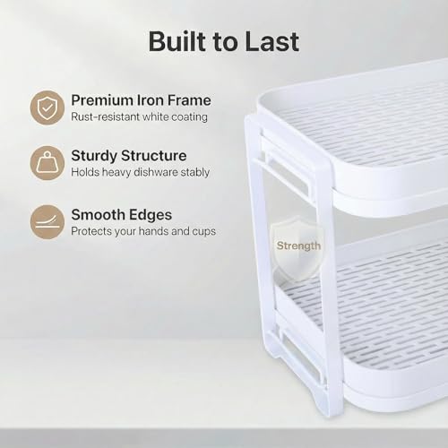2-Tier Cup Drying Rack with Removable Drainboard, Rust-Proof Iron Mug Organizer, Multi-Purpose Bottle Drying Stand for Baby Bottles, Fruits, Vegetables, Countertop Space Saver, White