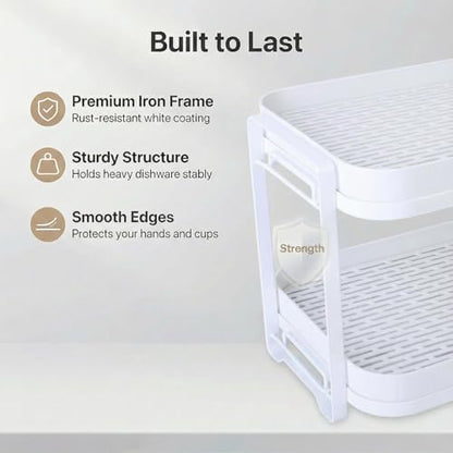 2-Tier Cup Drying Rack with Removable Drainboard, Rust-Proof Iron Mug Organizer, Multi-Purpose Bottle Drying Stand for Baby Bottles, Fruits, Vegetables, Countertop Space Saver, White