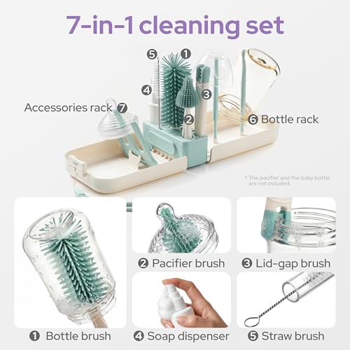 lalalark 7-in-1 Baby Bottle Brush Set, BPA Free Silicone Baby Bottle Cleaning Kit with No Scratch Dual-Headed Brush, Nipple Brush,Soap Dispenser & Drying Rack,Travel Cleaner Set with Storage Case,Mint - color: Mint