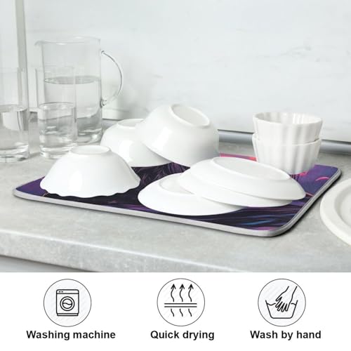 Palm Tree Colorful Dish Drying Mat for Kitchen Counter Super Absorbent Draining Mat with Non-slip Backed Dishwashing Mat for Dish Bottles Cups Bowl Draining Racks Countertops Sinks