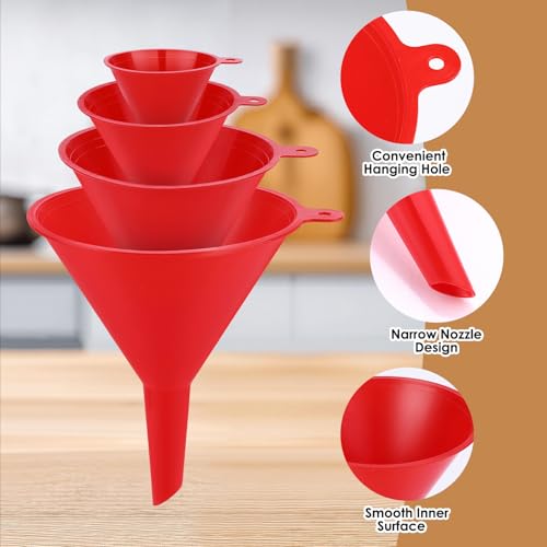 4 PCS Plastic Kitchen Funnel Set with Clean Brush, Food Grade Funnel for Kitchen Use Filling Bottles, Liquid, Protein Powder, Multifunctional Funnels for Cooking, Lab and Automotive Use