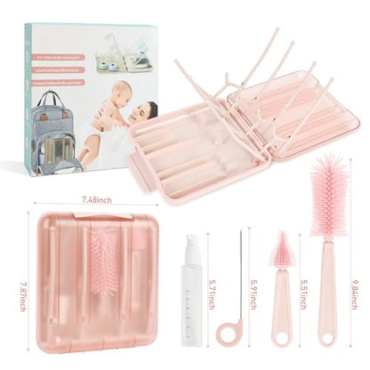 Baby Bottle Brush Set, 6-in-1 Travel Bottle Cleaner Kit with Silicone Bottle Brush, Nipple & Straw Brush, Soap Dispenser, Drying Rack, Storage Box – Compact Baby Travel Essential for Home & On-The-Go - color: Pink