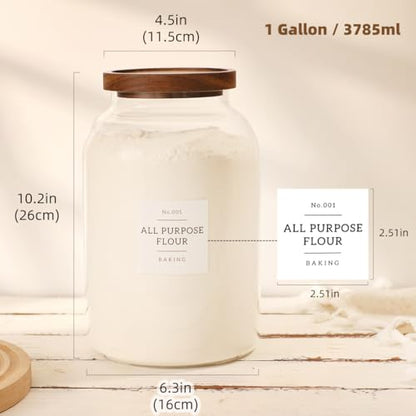 2 Pack Large Glass Flour and Sugar Storage Containers with Airtight Acacia Wood Lids and 132 Kitchen Pantey Labels Preprint - 1 Gallon Borosilicate Glass Canister Sets for Food,Pasta,Cookie,Rice - size: 1 Gallon-2 Pack
