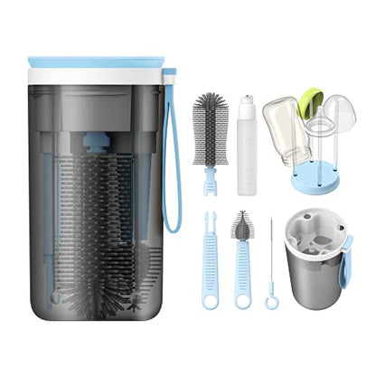 YOTIME Travel Bottle Brush Set, 6in1 Bottle Cleaning Kit with Silicone Bottle Brush, Nipple Cleaner Brush, Straw Brush, Soap Dispenser, Bottle Drying Rack and Storage Box, Blue - color: Blue