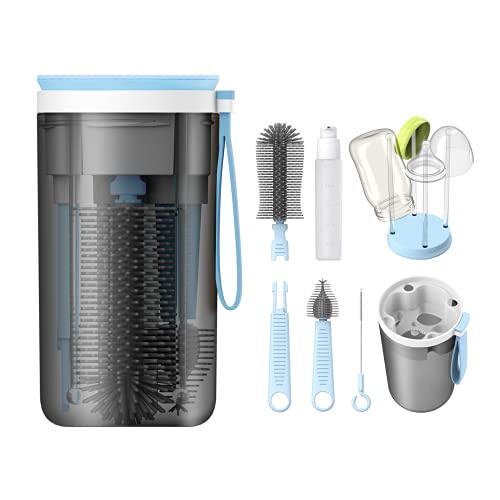 YOTIME Travel Bottle Brush Set, 6in1 Bottle Cleaning Kit with Silicone Bottle Brush, Nipple Cleaner Brush, Straw Brush, Soap Dispenser, Bottle Drying Rack and Storage Box, Blue - color: Blue