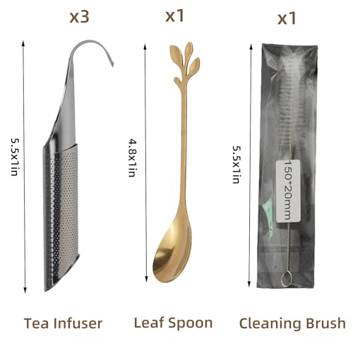 CEYAZYE 3PCS Stainless Steel Tea Infuser Set for Loose Leaf Tea | Elegant Spoon and Cleaning Brush, Perfect Fine Mesh Strainer, Metal Diffuser, Pipe Tea Steeper for Loose Tea, Coffee, Spices