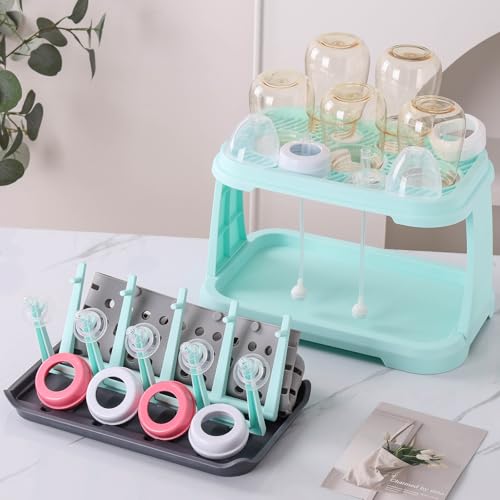 Baby Bottle Drying Rack with Brush & Dishwasher Basket - Space Saving Standing Drying Rack for Baby Bottles, Pump Parts & Accessories, Compact Organizer Holds Up to 8 Bottles (Blue) - color: Blue