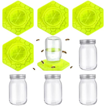 8 Pack Bee Feeder for Mason Jar Bee Watering Station Garden Silicone Sugar Water Feeder Beekeeping Drinking Equipment Tools with Mason Jars for Drinking Water(Yellow,Hexagon) - color: Yellow, style: Hexagon