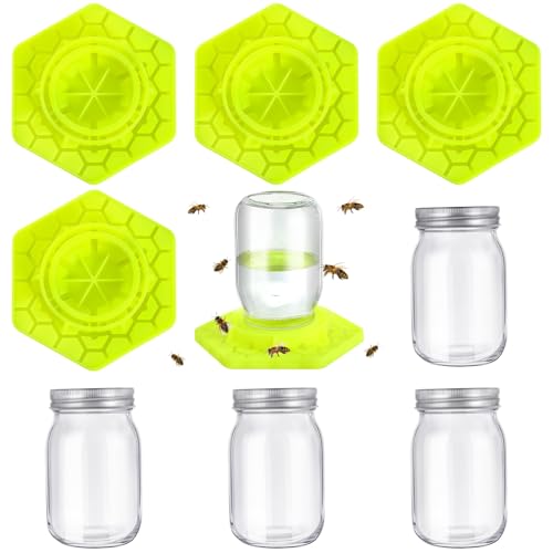 8 Pack Bee Feeder for Mason Jar Bee Watering Station Garden Silicone Sugar Water Feeder Beekeeping Drinking Equipment Tools with Mason Jars for Drinking Water(Yellow,Hexagon) - color: Yellow, style: Hexagon