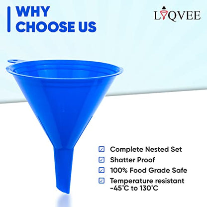 LIQVEE™ Funnel 4-Pack Funnels for Kitchen Use Filling Bottles - Food-Grade Plastic, Funnels for Automotive Use, Mess-Free Filling, funnels for Filling Bottles, Sizes (122, 101, 76 & 50mm)