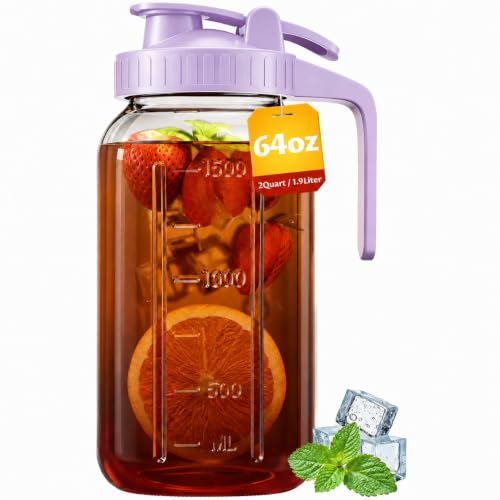 64oz Glass Mason Jar Pitcher with Lid Wide Mouth, 2 Quart Leakproof Glass Water Jug for Juice, Sun Iced Tea, Cold Brew Coffee, Milk Storage, Purple - color: Purple, size: 64 Ounces