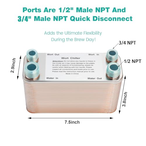 Wort Chiller 40 Plates, Brazed Plate Copper Heat Exchanger for Homebrew, Stainless Steel 7.5" x 2.9" Plate, 1/2 & 3/4 NPT Thread Connection Hot Liquid Accelerated Cooler Quick Beer Cooling System