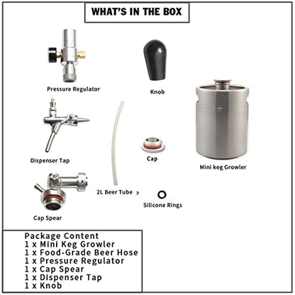 Mini Stainless Steel Beer Keg,Portable Home Dispenser System to Keep Fresh for Home Kitchen Brewing Beer,Keeps Carbonation for Craft Beer Draft and Homebrew,2 liters