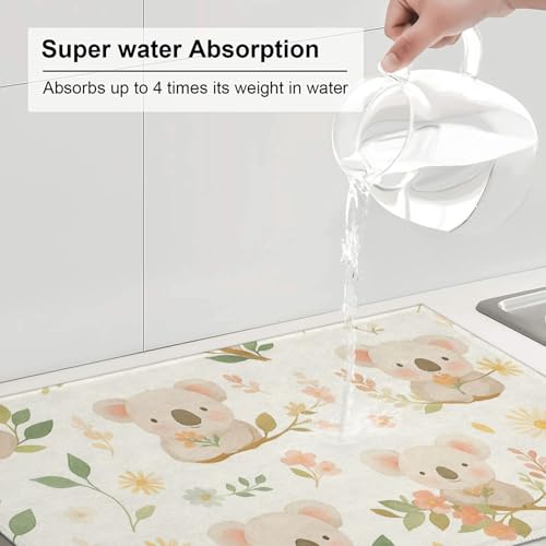 Cute Cartoon Koala on Blossom Branch Dish Drying Mat for Kitchen Counter Microfiber Absorbent Reusable Washable 18x24in - color: Cute Cartoon Koala On Blossom Branch
