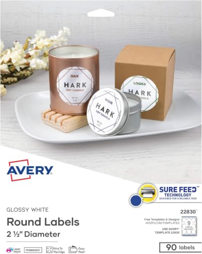 Avery Printable Round Labels with Sure Feed,2.5" Diameter,Glossy White,90 Customizable Labels (22830),(Pack of 5) - color: White, size: 2.5" (Pack of 5), style: 90 labels