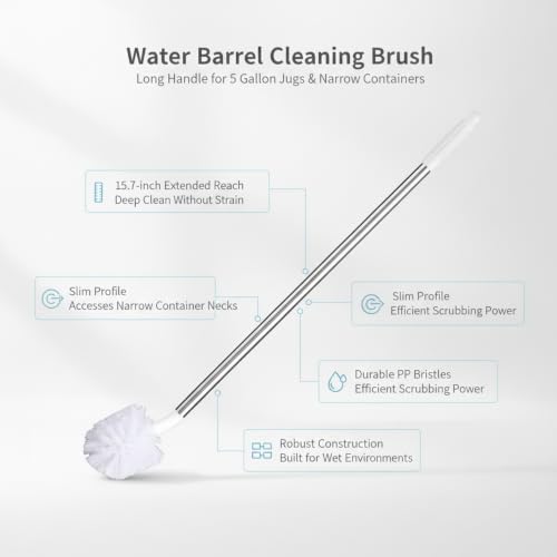 Long Handle Water Jug Brush for 5 Gallon Bottles and Narrow Neck Containers, White PP Scrubber