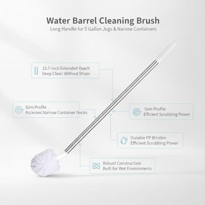 Long Handle Water Jug Brush for 5 Gallon Bottles and Narrow Neck Containers, White PP Scrubber