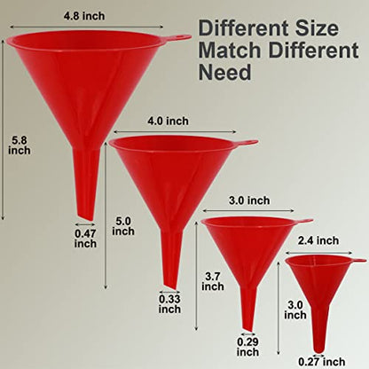 KongNai 4 Pieces Plastic Funnel Set for Kitchen and Automotive Use, Mini, Small, Medium and Large Funnel for Filling Bottles, Canning, Cooking, Lab or Car Oil Funnels (Red) - color: Red
