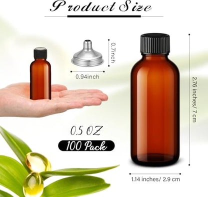 Hsei 100 Pcs Amber Glass Boston Round Bottles with Black Cap Brown Sample Bottle Small Glass Containers with Lids and Funnel Chalk Labels Pen for Vanilla Extract Essential Oils(0.5 oz) - size: 0.5 oz